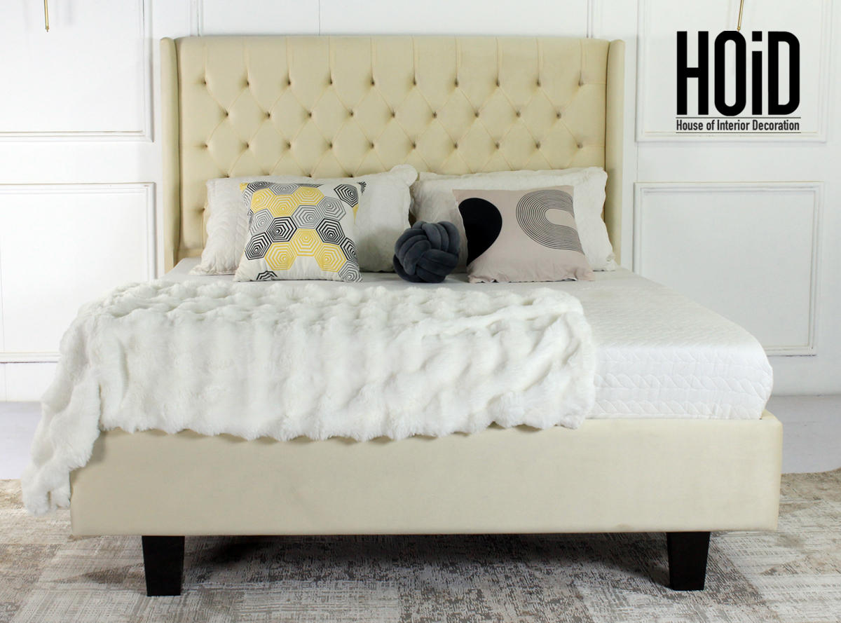 river tufted bed in biege